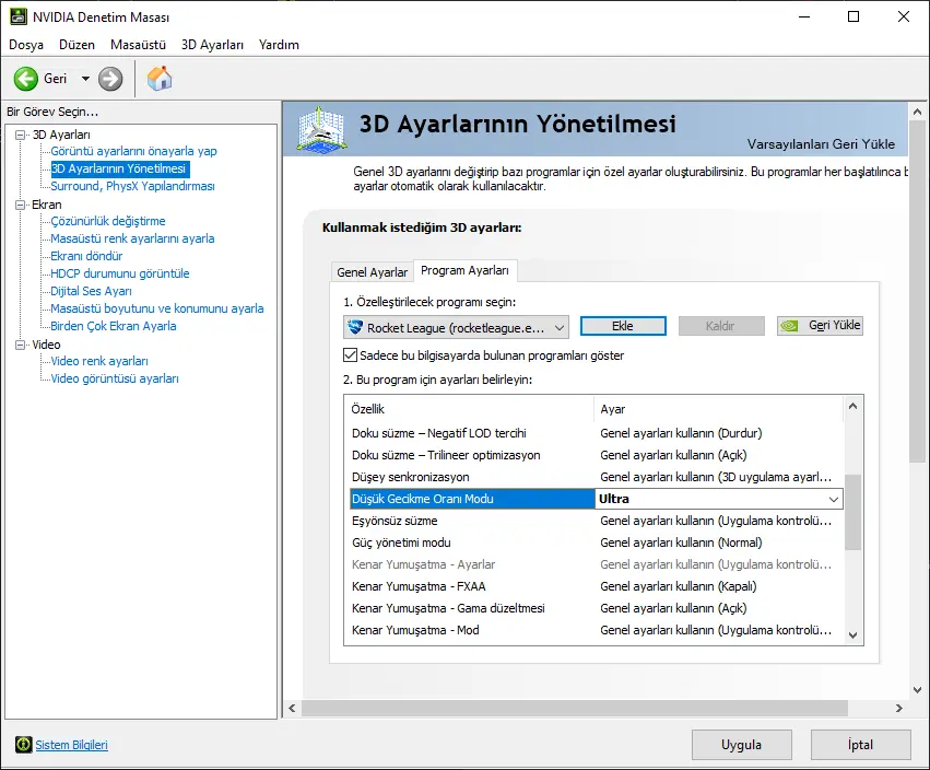 nvidia denetim masası rocket league