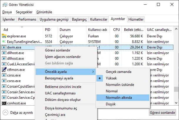 öncelik normalin altında