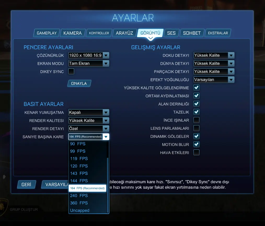 rocket league görüntü ayarları
